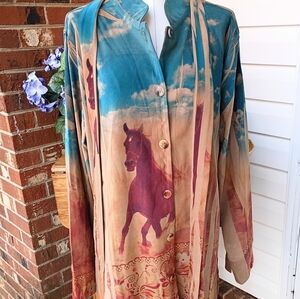 FANTAZIA SZ 3XL  HORSE PRINT DUSTY WESTERN COLORS BUTTON DOWN SHIRT DRESS W/SASH